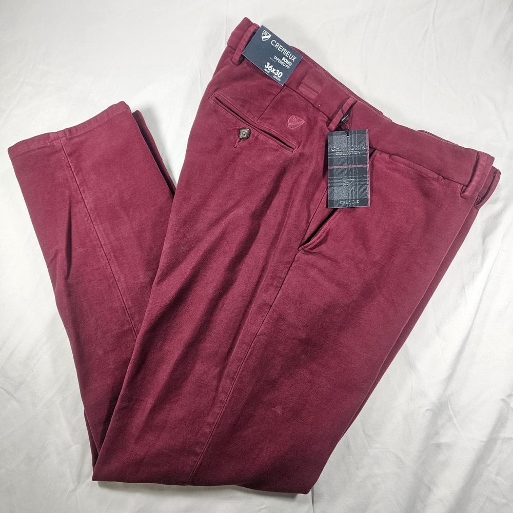 Cremieux Chamonix 36x30 Wine Red Color Flat SOHO Tapered Fit Velvety Feel 1609
